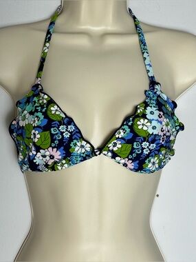 Aerie Floral Halter Bikini Top Lettuce Hem Beach Vacation Pool Sz M
